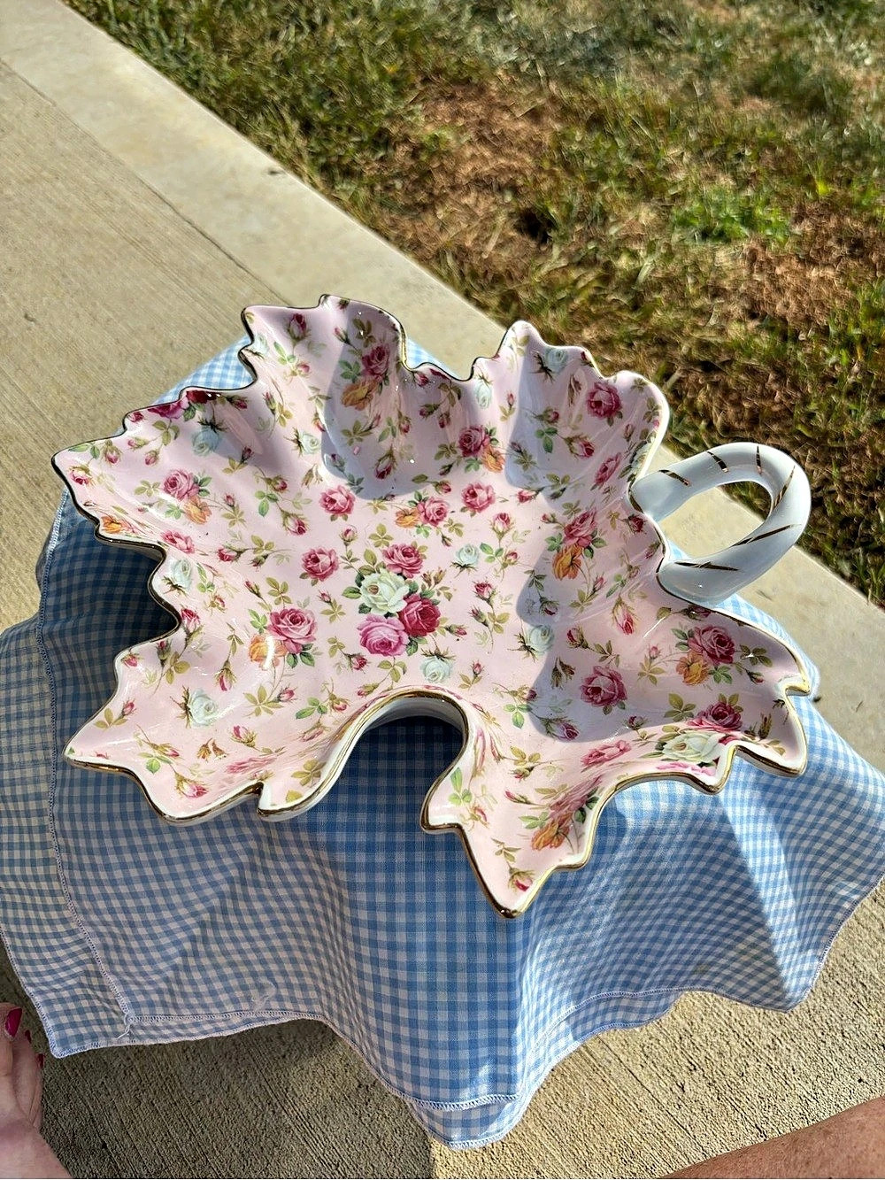 Royal Danube Pink Rose Chintz Leaf Shaped Dish with Handle
